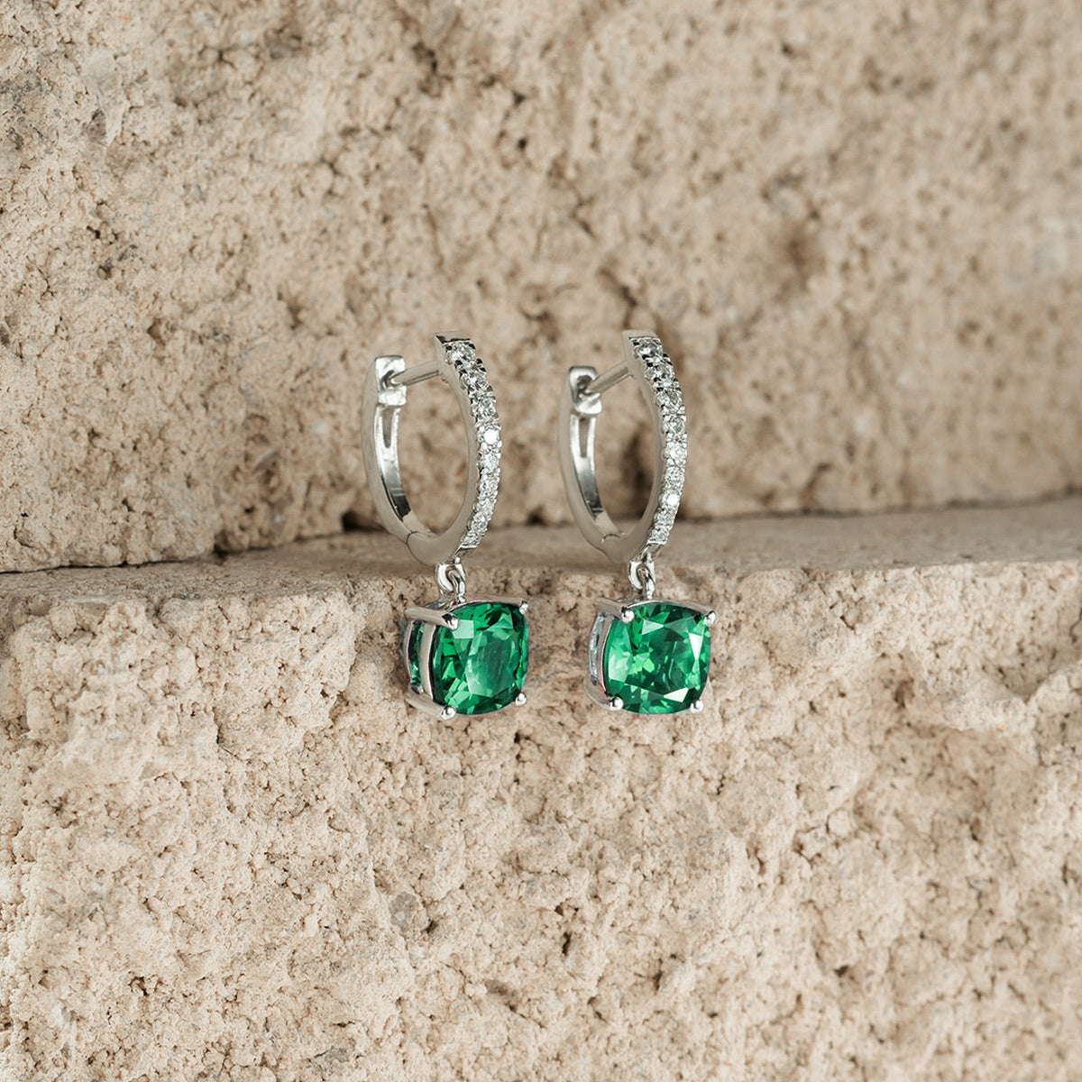 Astra 3.40ct Lab Emerald and Diamond Drop Cushion Cut Earrings in Silver